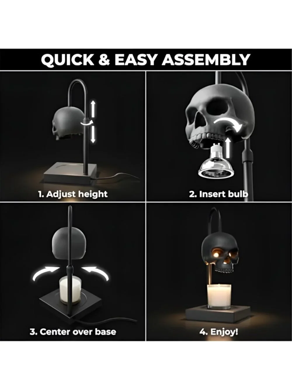 Skull Candle Warmer Lamp, Black Spooky Gothic Decor w/Timer & Dimmer